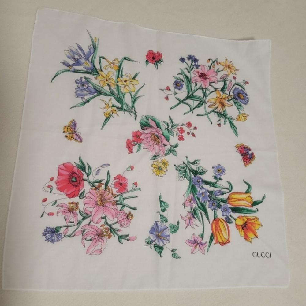 Gucci Floral Cotton Scarf - White Background with Multicolor Flowers